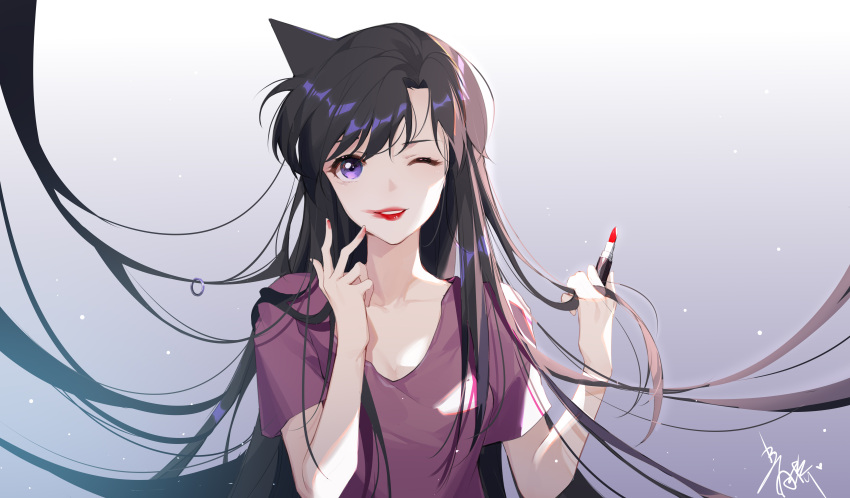 1girl absurdres bangs black_hair collarbone floating_hair gradient gradient_background highres holding lipstick lipstick_tube long_hair looking_at_viewer makeup meitantei_conan mouri_ran one_eye_closed purple_shirt red_lipstick shiny shiny_hair shirt short_sleeves solo suyi-j upper_body very_long_hair violet_eyes white_background