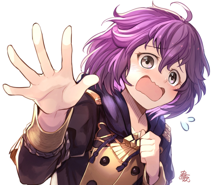 1girl bernadetta_von_varley fire_emblem fire_emblem:_three_houses garreg_mach_monastery_uniform grey_eyes highres hood hood_down long_sleeves nakabayashi_zun open_mouth purple_hair short_hair simple_background solo uniform upper_body white_background