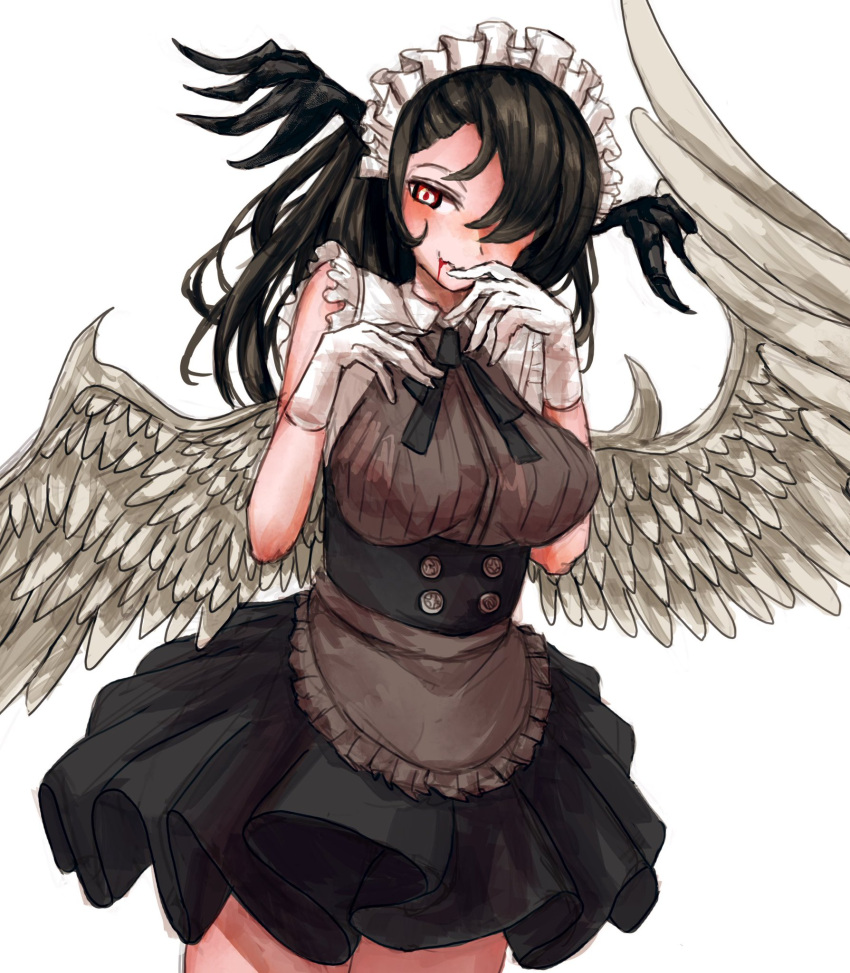 1girl alternate_costume black_hair black_neckwear black_skirt blood breasts enmaided feathered_wings hair_over_one_eye highres large_breasts maid maid_headdress original red_eyes simple_background sketch skirt solo standing tibaya8 white_background white_wings wings