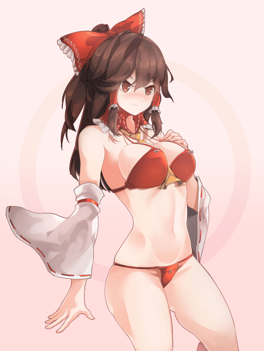 1girl absurdres ascot bare_arms bare_shoulders between_breasts bikini blush bow breasts brown_eyes brown_hair cowboy_shot detached_sleeves english_commentary h.pn hair_bow hair_tubes hakurei_reimu highres korean_commentary large_breasts long_hair mixed-language_commentary navel pink_background ponytail red_bikini red_bow ribbon-trimmed_sleeves ribbon_trim sidelocks solo stomach string_bikini swimsuit touhou yellow_neckwear