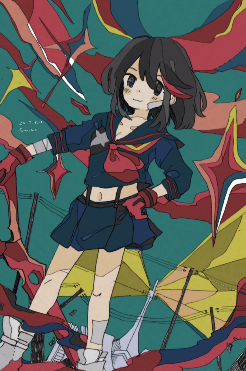 156m artist_name bandaged_arm bandages bandaid bandaid_on_face bandaid_on_leg black_hair dated dutch_angle hand_on_hip highlights highres holding holding_weapon kill_la_kill matoi_ryuuko midriff multicolored_hair navel pleated_skirt redhead school_uniform scissor_blade senketsu serafuku shoes short_hair skirt sneakers streaked_hair suspenders weapon