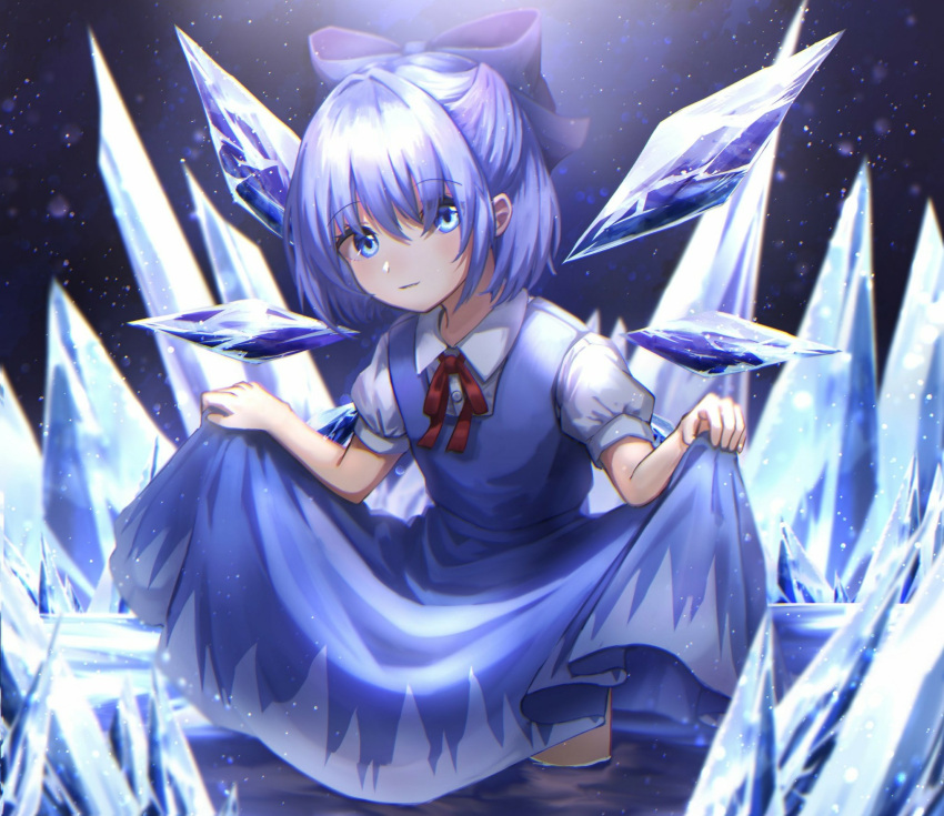 1girl bangs blue_bow blue_dress blue_eyes blue_hair bow cirno closed_mouth collared_shirt dress eyebrows_visible_through_hair hair_between_eyes hair_bow highres ice long_dress looking_at_viewer mozuno_(mozya_7) neck_ribbon pinafore_dress red_ribbon ribbon shiny shiny_hair shirt short_hair short_sleeves skirt_hold smile solo standing tied_hair touhou wading white_shirt wing_collar