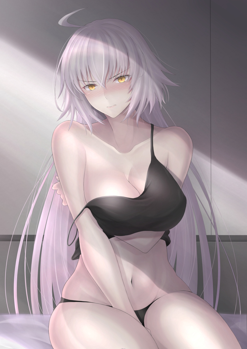 1girl absurdres ahoge bangs bare_shoulders black_camisole black_panties breasts closed_mouth collarbone crop_top eyebrows_visible_through_hair fate/grand_order fate_(series) grey_background highres jeanne_d'arc_(alter)_(fate) jeanne_d'arc_(fate)_(all) large_breasts long_hair on_bed pale_skin panties penguintake silver_hair sitting strap_slip tsurime two-tone_background underwear wall wicked_dragon_witch_ver._shinjuku_1999 yellow_eyes