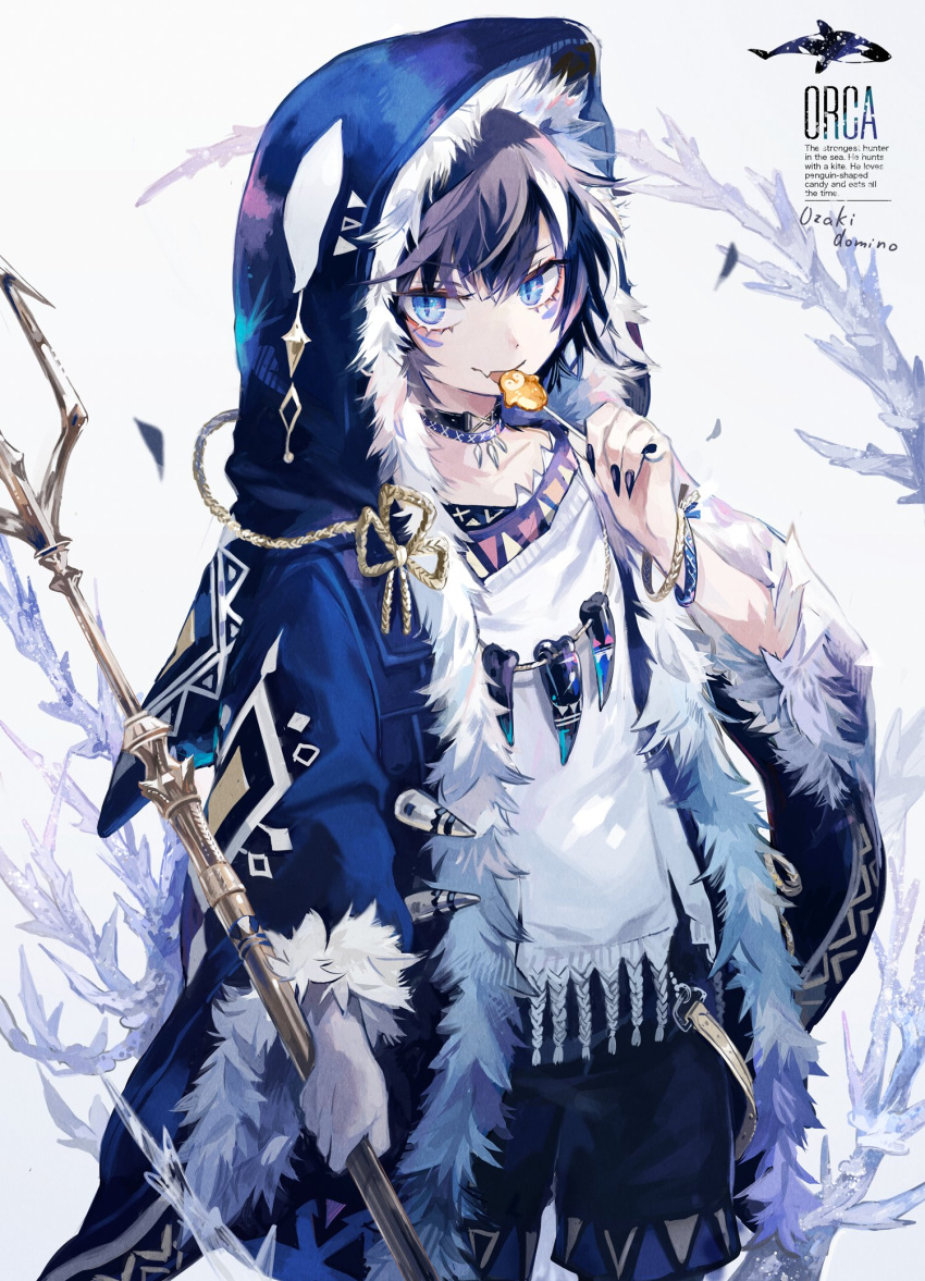 1boy blue_coat blue_eyes blue_hair bracelet candy choker coat facial_mark fang fingernails food fur_trim highres holding holding_weapon hood hood_up jewelry lollipop male_focus nail_polish necklace original ozadomi polearm sharp_fingernails shorts slit_pupils solo sweater tooth_necklace trident weapon white_sweater