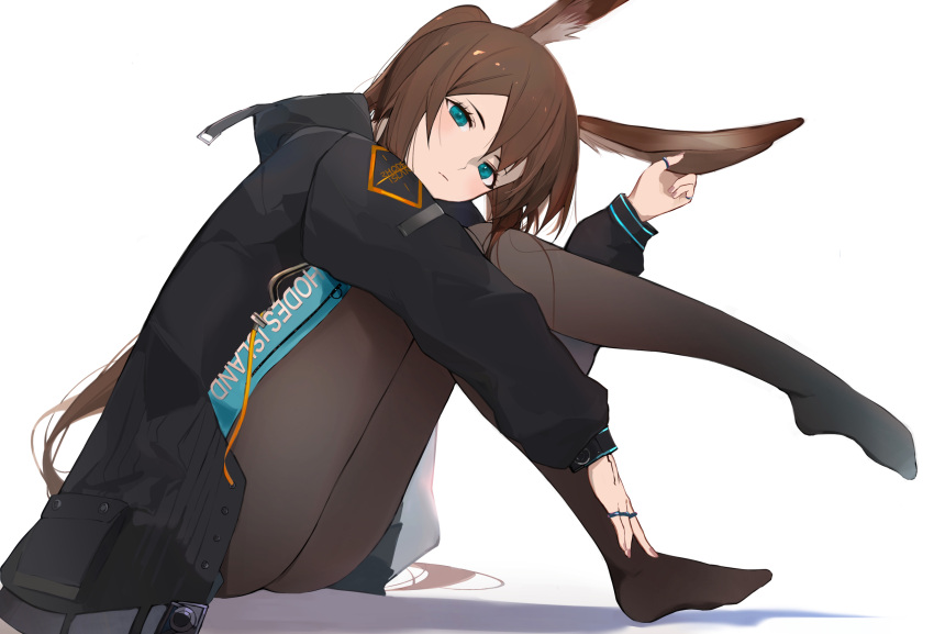 1girl absurdres amiya_(arknights) animal_ear_fluff animal_ears arknights bangs black_jacket blue_eyes blush brown_hair closed_mouth commentary from_side full_body hair_between_eyes head_tilt highres holding_ears jacket jewelry knees_up long_hair long_sleeves looking_at_viewer multiple_rings no_shoes open_clothes open_jacket pantyhose rabbit_ears revision ring rrr_ato shadow sidelocks sitting skirt solo thighs thumb_ring very_long_hair