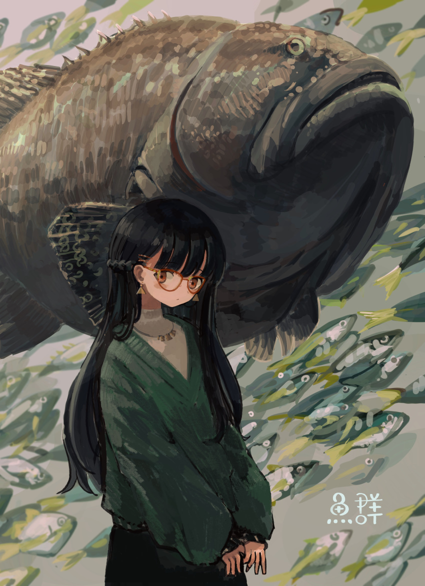 1girl absurdres animal black_hair braid cowboy_shot expressionless fish french_braid glasses hair_ornament hairclip highres jewelry katakai long_hair long_sleeves looking_at_viewer necklace original oversized_animal red-framed_eyewear red_eyes solo