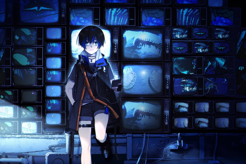 1boy black_footwear black_hair black_shorts blue_eyes blue_hair cellphone earphones earphones garter_belt hair_between_eyes highres jewelry looking_at_viewer male_focus multicolored_hair necklace original phone shorts smile solo streaked_hair television vest ygerian