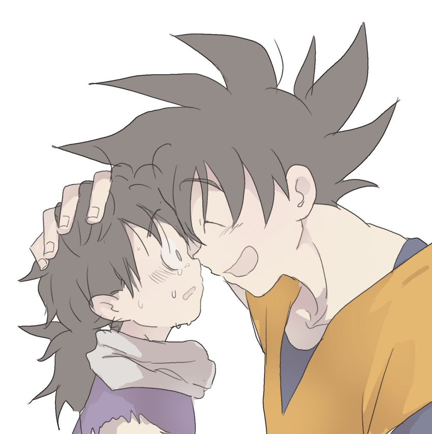 2boys :d ^_^ black_eyes black_hair close-up closed_eyes crying crying_with_eyes_open dougi dragon_ball dragon_ball_z eyebrows_visible_through_hair face father_and_son fingernails forehead-to-forehead from_side hand_on_another's_head highres looking_at_another male_focus messy_hair multiple_boys noses_touching open_mouth parted_lips profile sad shirt simple_background smile son_gohan son_gokuu spiky_hair tears torn_clothes torn_shirt upper_body white_background wide-eyed yukke_(cocorikokke)