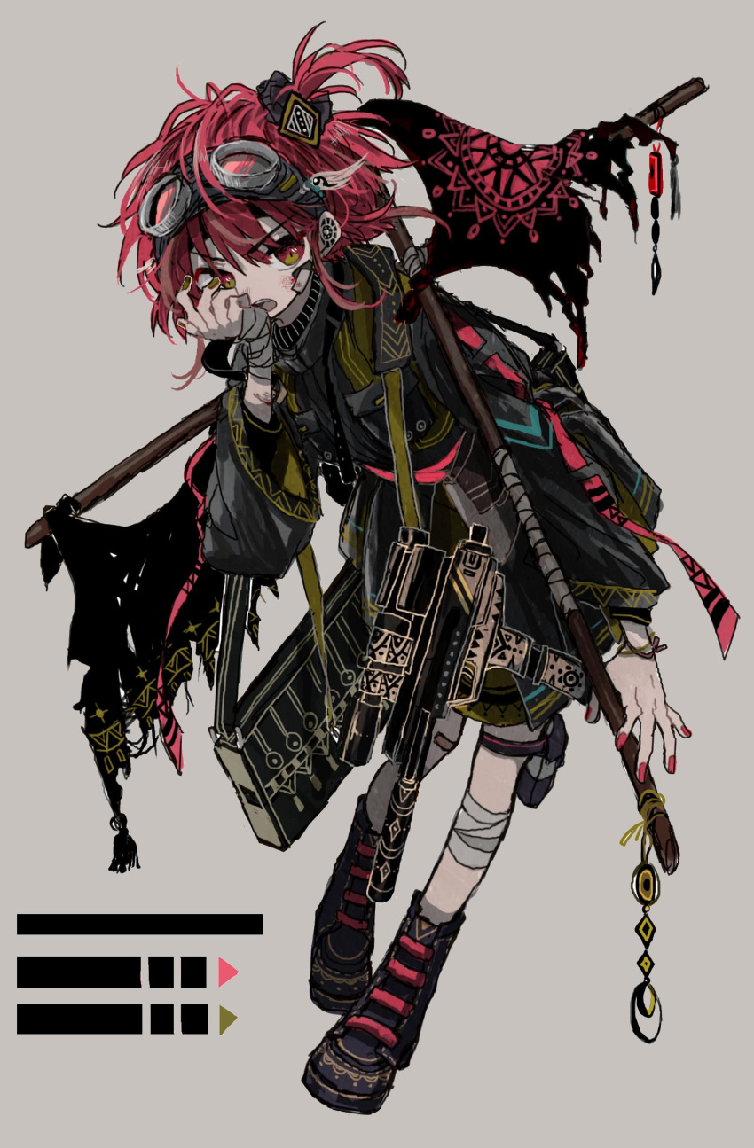 1girl absurdres azsn10 bangs black_footwear full_body goggles goggles_on_head grey_background gun highres medium_hair no_nose open_mouth original red_eyes red_nails redhead shoes simple_background solo tassel weapon wrist_wrap