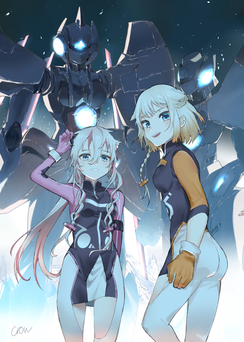 2girls absurdres backlighting blue_eyes braid cevio commentary cowboy_shot crow_monet gloves glowing hair_tie hand_up highres holding holding_hair ia_(vocaloid) light_blush long_hair looking_at_viewer mecha multiple_girls one_(cevio) orange_gloves orange_sleeves pink_hair pink_sleeves platinum_blonde_hair plugsuit short_hair smile thigh_cutout twin_braids vocaloid