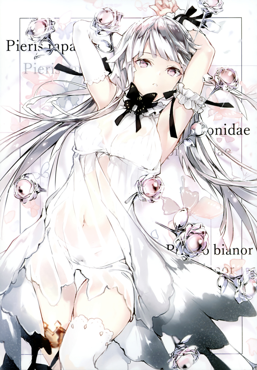 1girl absurdres arm_garter armpits arms_up dress elbow_gloves fukuda935 glint gloves highres latin_text long_hair navel original panties parted_lips scan see-through sheer_clothes silver_hair single_elbow_glove single_thighhigh solo thigh-highs thighlet twintails underwear violet_eyes white_dress white_gloves white_legwear white_panties