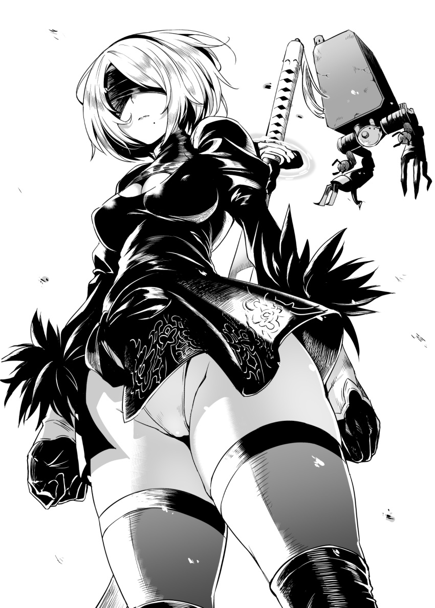 1girl amano_don bangs black_dress blindfold boots breasts cleavage_cutout covered_eyes dress feather-trimmed_sleeves feather_trim greyscale hairband highleg highleg_leotard highres juliet_sleeves katana large_breasts leotard long_sleeves mole mole_under_mouth monochrome nier_(series) nier_automata pod_(nier_automata) puffy_sleeves short_dress short_hair simple_background sword thigh-highs thigh_boots thighhighs_under_boots thighs weapon white_background white_hair yorha_no._2_type_b