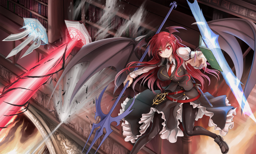 &gt;:( 1girl belt black_footwear black_legwear black_skirt black_vest black_wings book breasts chinese_commentary demon_wings flying frown head_wings highres holding holding_spear holding_weapon indoors koakuma large_breasts library long_hair long_sleeves looking_at_viewer magic namiki_(remiter00) pantyhose pointy_ears polearm red_belt red_eyes red_neckwear redhead shirt shoes skirt skirt_set solo spear touhou trident vest weapon white_shirt wings