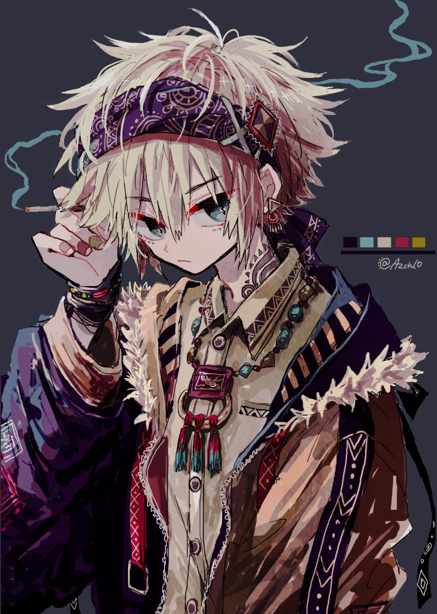 1girl absurdres azsn10 blonde_hair blue_eyes cigarette collared_shirt color_guide earrings fur_trim highres holding holding_cigarette jewelry long_hair necklace original shirt short_hair smoke solo tattoo triangle_earrings twitter_username