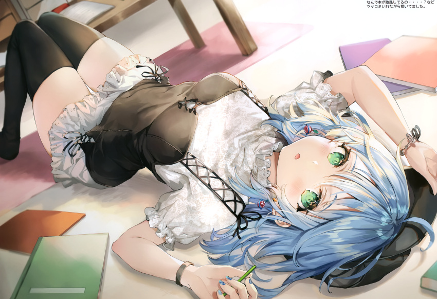 1girl absurdres arm_up black_headwear black_legwear blue_hair bracelet breasts dress dutch_angle green_eyes hand_up highres holding huge_filesize jewelry knees_up long_hair looking_at_viewer lying medium_breasts momoko_(momopoco) no_shoes notebook on_back on_floor original parted_lips scan short_sleeves solo table thigh-highs white_dress wristband zettai_ryouiki