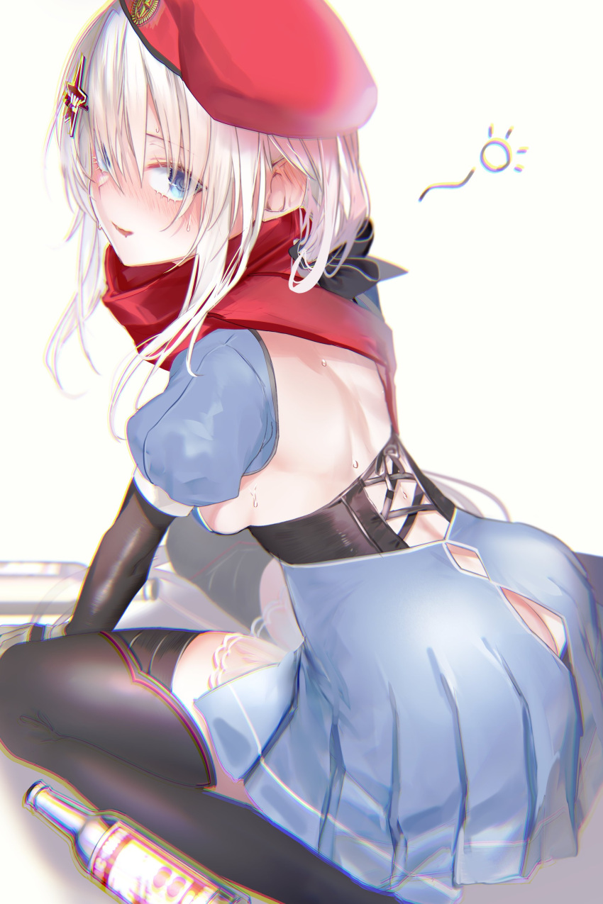 9a-91_(girls_frontline) absurdres alcohol ass back bangs beret black_panties blue_eyes blue_skirt blush bottle breasts butt_crack commentary commentary_request dress drunk elbow_gloves eyebrows_visible_through_hair eyelashes girls_frontline gloves hair_between_eyes hair_ornament hair_ribbon hat highres long_hair looking_at_viewer low_twintails lowleg lowleg_panties medium_breasts mouth_drool panties pleated_skirt pottsness puffy_short_sleeves puffy_sleeves red_neckwear red_scarf ribbon scarf see-through short_sleeves sideboob silver_hair sitting skirt solo star star_hair_ornament sweatdrop thigh-highs twintails underwear vodka wariza white_background