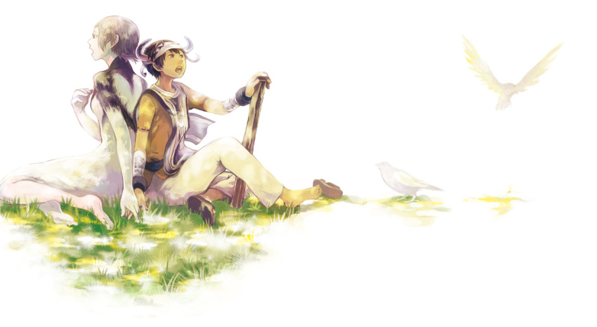 1girl animal bandages barefoot bird black_hair breasts brown_eyes closed_mouth commentary_request dress feet grass holding_hands horns ico ico_(character) k-sara open_mouth pointy_ears sandals see-through short_hair silver_hair smile sword tabard weapon white_dress yorda