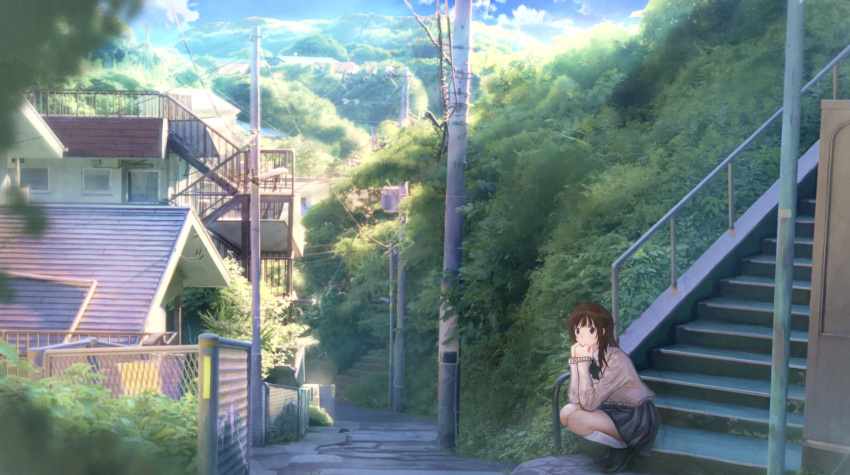 1girl amagami bangs blue_skirt blue_sky brown_eyes brown_hair bush chain-link_fence clouds commentary_request day door fence grass hands_on_own_face highres hill house landscape leaf looking_at_viewer medium_hair outdoors power_lines railing sakurai_rihoko scenery school_uniform shoes sidewalk skirt sky solo soraciel squatting stairs sweater tree white_legwear window