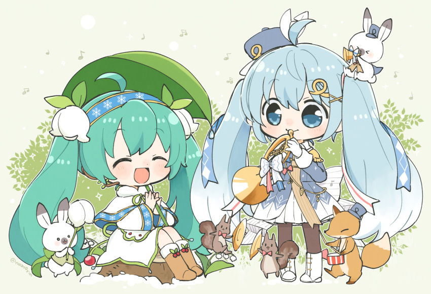 &gt;_&lt; 2girls ahoge aqua_hair band_uniform beamed_eighth_notes black_legwear blue_eyes blue_headwear blue_jacket blush boots bubble_skirt capelet cherry chibi closed_eyes drum dual_persona eighth_note flower food fox french_horn fruit full_body fur-trimmed_boots fur-trimmed_capelet fur_trim gloves hair_flower hair_ornament hairband hairclip hands_together hat hat_feather hatsune_miku headset holding holding_flower holding_instrument holding_leaf horn_(instrument) instrument jacket koropokkuru leaf leaf_umbrella light_blue_hair lily_of_the_valley long_hair multiple_girls music musical_note najo open_mouth pantyhose playing_instrument pleated_skirt quarter_note rabbit_yukine sitting sitting_on_tree_stump skirt smile snowbell_(flower) snowflake_print squirrel tree_stump twintails very_long_hair vocaloid white_capelet white_footwear white_gloves white_skirt yuki_miku yuki_miku_(2015) yuki_miku_(2020)