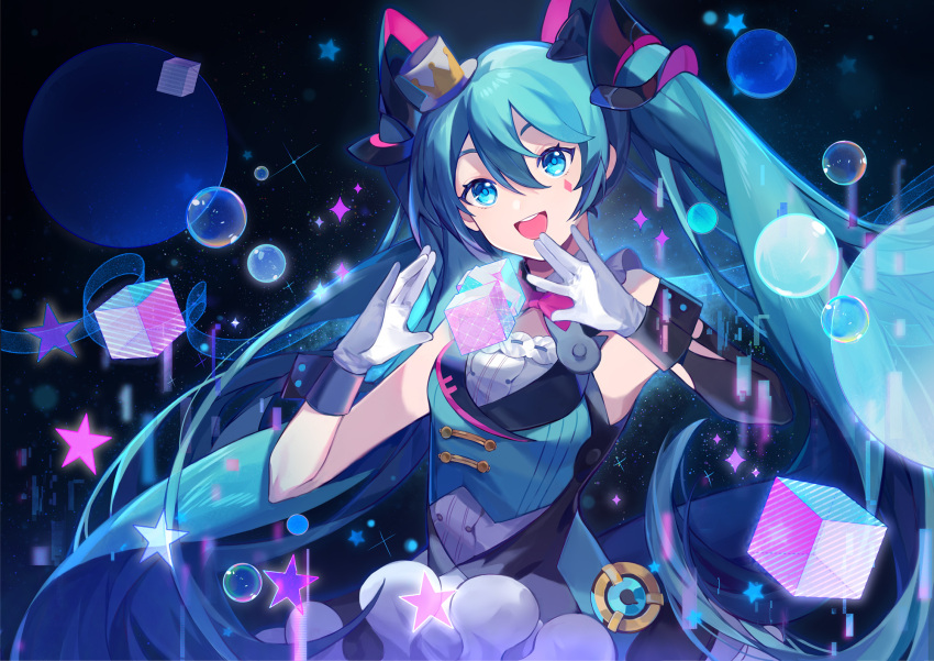 1girl :d asymmetrical_sleeves bangs black_sleeves blue_eyes blue_hair detached_sleeves floating_hair gloves hair_between_eyes hat hatsune_miku highres long_hair long_sleeves magical_mirai_(vocaloid) mini_hat mini_top_hat open_mouth shiny shiny_hair single_sleeve smile solo standing top_hat upper_body very_long_hair vocaloid white_gloves yayako_(804907150)