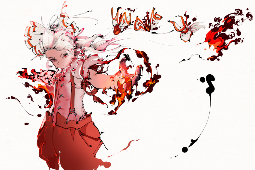 1girl bow commentary cowboy_shot fire fujiwara_no_mokou hair_bow hand_in_pocket highres long_hair looking_at_viewer outstretched_hand pants red_eyes red_pants shirt solo sukunashi_negi suspenders torn_clothes torn_sleeves touhou white_background white_bow white_hair white_shirt