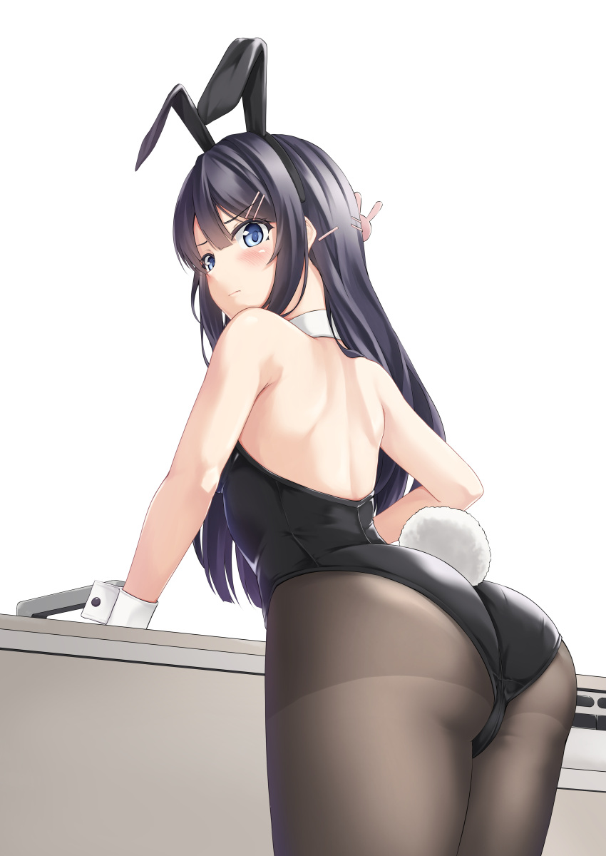 1girl absurdres animal_ears ass bangs bare_shoulders black_legwear black_leotard breasts bunny_girl bunny_tail bunnysuit closed_mouth commentary_request counter detached_collar eyebrows_visible_through_hair fake_animal_ears from_behind hair_between_eyes highleg highleg_leotard highres leotard long_hair looking_at_viewer looking_back pantyhose rabbit_ears sakurajima_mai seishun_buta_yarou shiromonefu shoulder_blades sidelocks skindentation solo standing strapless strapless_leotard swept_bangs tail thighs wrist_cuffs