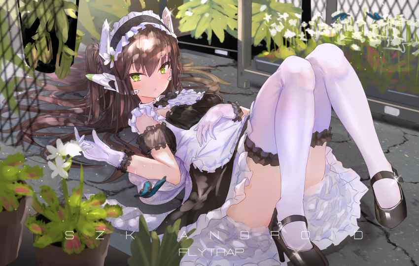 1girl artist_name black_footwear breasts brown_hair bug butterfly flower gloves green_eyes headgear highres insect long_hair looking_at_viewer lying maid maid_dress maid_headdress mary_janes msz0062zeta2 on_back original shoes small_breasts solo thigh-highs tsurime white_gloves white_legwear