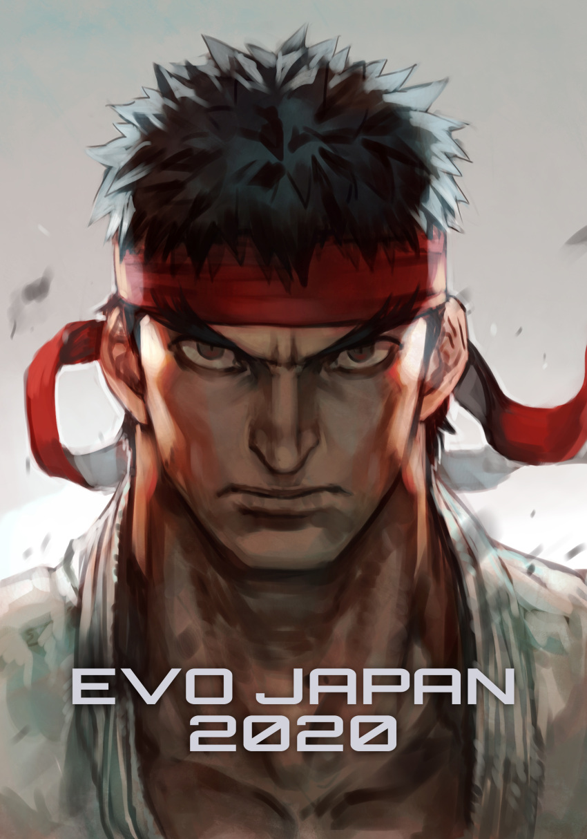 1boy 2020 absurdres black_hair english_text evolution_championship_series hankuri headband highres looking_at_viewer male_focus portrait ryuu_(street_fighter) short_hair solo street_fighter thick_eyebrows