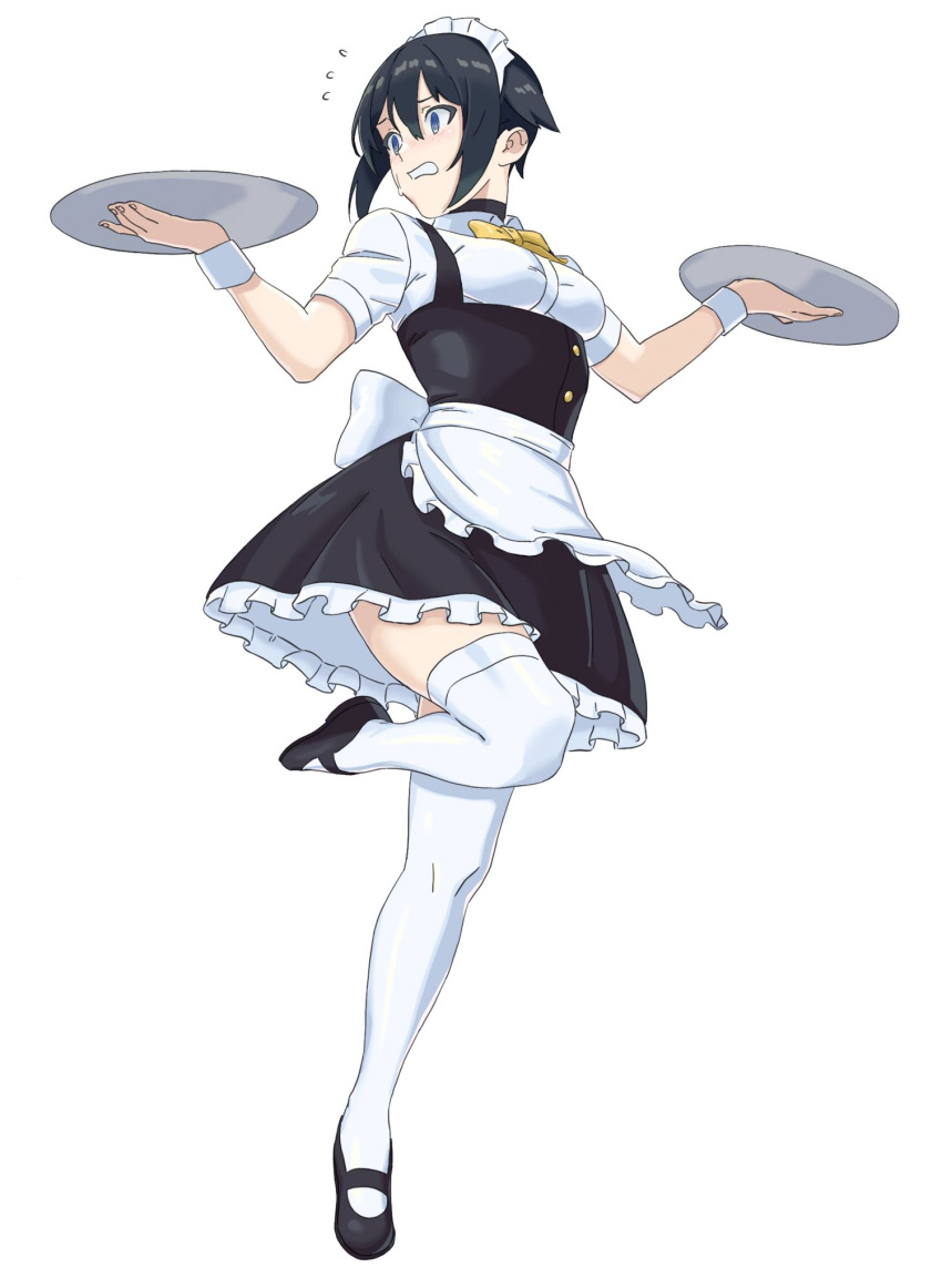 1girl alternate_costume apron black_footwear black_hair blue_eyes bow bowtie choker enmaided highres holding holding_tray leg_up looking_to_the_side maid maid_apron maid_dress maid_headdress mary_janes original shoes short_hair simple_background solo thigh-highs tray ult_one white_background white_legwear yellow_neckwear