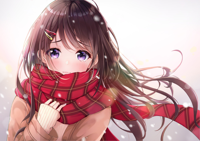 1girl absurdres bangs blush brown_hair brown_jacket commentary_request copyright_request eyebrows_visible_through_hair hair_ornament hairclip highres jacket lebring long_hair messy_hair red_scarf scarf sleeves_past_wrists solo striped striped_sweater sweater tears uniform violet_eyes