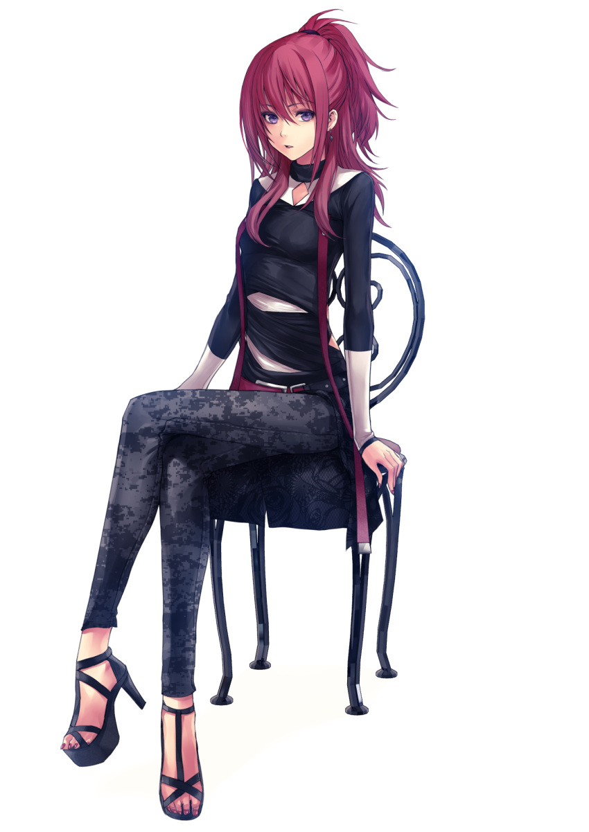 1girl applekun black_dress blue_eyes denim desk dress highres jeans long_hair looking_at_viewer on_desk original pants redhead sandals sitting sitting_on_desk solo table toes