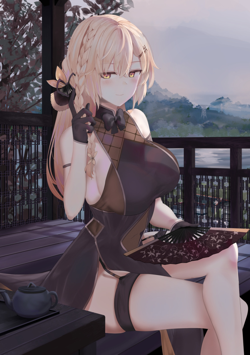 1girl alternate_costume arm_strap bangs bare_legs bare_shoulders black_gloves black_ribbon blonde_hair blush bow bowtie braid breasts brown_bow brown_dress china_dress chinese_clothes chinese_commentary commentary_request covered_navel crossed_legs dress eyebrows_visible_through_hair fan fog folding_fan girls_frontline gloves hair_intakes hair_ornament hair_ribbon hairclip half_gloves highres holding holding_fan index_finger_raised lake large_breasts long_hair looking_at_viewer mountainous_horizon ots-14_(girls_frontline) overcast pelvic_curtain ribbon ru_zhai shadow side_braid side_slit sideboob sitting sleeveless sleeveless_dress smile solo teapot thigh_strap transmission_tower tray tree yellow_eyes