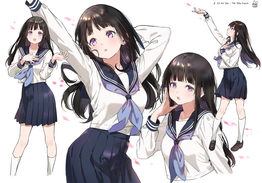 1girl :o arm_up bangs black_hair black_sailor_collar black_skirt blunt_bangs chitanda_eru commentary_request english_text hand_up highres hyouka kneehighs long_hair looking_at_viewer mery_(apfl0515) multiple_views open_mouth pleated_skirt pose sailor_collar school_uniform serafuku shirt skirt violet_eyes white_shirt