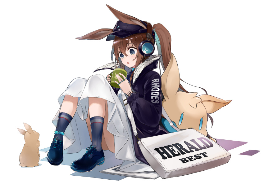 1girl amiya_(arknights) animal_ears arknights bag black_footwear black_jacket black_legwear blue_eyes brown_hair cup headphones highres holding holding_cup jacket jewelry kyomu_(kyomu_lwl) long_hair long_sleeves mug multiple_rings newspaper open_mouth ponytail rabbit rabbit_ears ring shoes shoulder_bag sidelocks simple_background sitting socks solo stuffed_animal stuffed_bunny stuffed_toy white_background