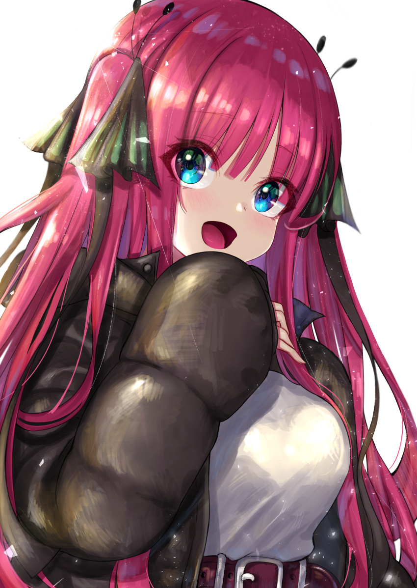 :d absurdres bangs belt belt_buckle black_coat blue_eyes blunt_bangs breasts buckle butterfly_hair_ornament coat eyebrows_visible_through_hair go-toubun_no_hanayome hair_ornament hand_up highres huge_filesize large_breasts lens_flare long_sleeves nakano_nino open_clothes open_coat open_mouth pink_hair r_(ryo) shirt simple_background sleeves_past_wrists smile two_side_up upper_body white_background white_shirt