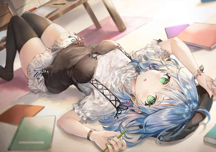 1girl arm_up black_headwear black_legwear blue_hair bracelet breasts dress dutch_angle green_eyes hand_up holding jewelry knees_up long_hair looking_at_viewer lying medium_breasts momoko_(momopoco) no_shoes notebook on_back on_floor original parted_lips short_sleeves solo table thigh-highs white_dress wristband zettai_ryouiki
