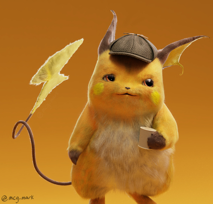 3d brown_eyes commentary creature cup detective_pikachu detective_pikachu_(movie) english_commentary feet_out_of_frame gen_1_pokemon hat holding holding_cup looking_away looking_to_the_side mcgmark mug no_humans orange_background pokemon pokemon_(creature) raichu realistic simple_background solo standing