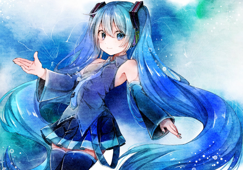 black_legwear black_skirt black_sleeves blue_background blue_eyes blue_hair blue_neckwear closed_mouth detached_sleeves grey_shirt hair_ornament hatsune_miku headphones miniskirt nuko_0108 painted_nails smile solo twintails vocaloid zettai_ryouiki