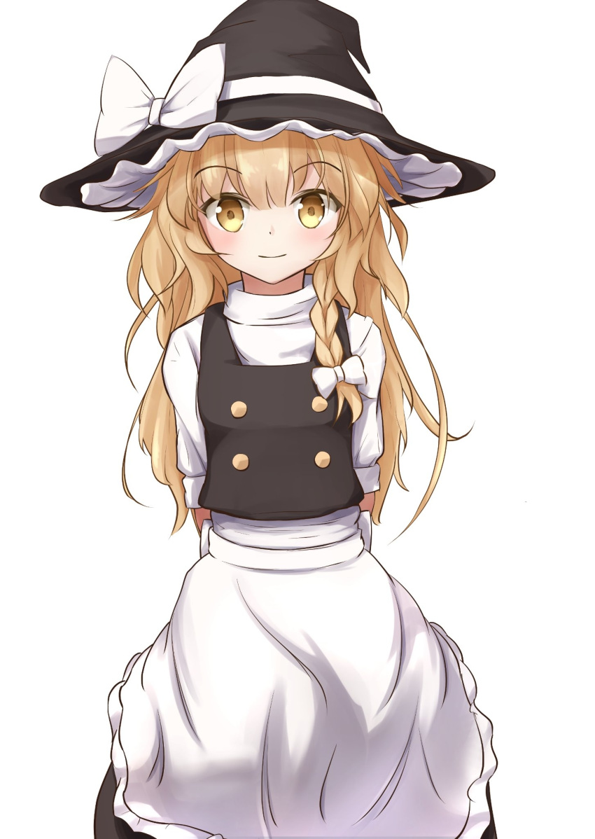 1girl apron arms_behind_back bangs black_headwear black_shirt black_vest blonde_hair blush braid commentary_request cowboy_shot eyebrows_visible_through_hair hair_between_eyes hair_ribbon hat hat_ribbon highres kirisame_marisa light_smile long_hair looking_at_viewer partial_commentary resa_7z_(resastr) ribbon shirt short_sleeves simple_background single_braid solo standing touhou tress_ribbon very_long_hair vest waist_apron white_background white_shirt witch_hat yellow_eyes