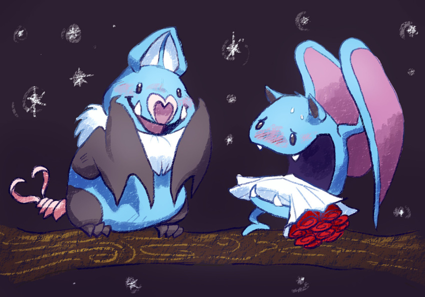 :d bat black_eyes blush bouquet calonarang creature fangs flower full_body gen_1_pokemon gen_5_pokemon golbat night night_sky no_humans open_mouth pokemon pokemon_(creature) red_flower red_rose rose sky smile standing star_(sky) starry_sky swoobat trait_connection