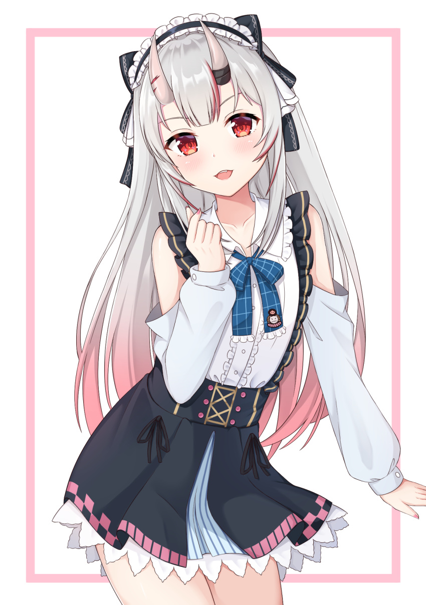 1girl :d bangs black_bow black_hairband black_ribbon black_skirt blue_bow bow center_frills collared_shirt commentary_request eyebrows_behind_hair fang frilled_hairband frilled_shirt_collar frills grey_hair hair_bow hairband highres hololive horns long_hair long_sleeves looking_at_viewer multicolored_hair nakiri_ayame oni oni_horns open_mouth red_eyes redhead ribbon seventeen_(st17215) shirt shoulder_cutout skirt smile solo streaked_hair very_long_hair virtual_youtuber white_background white_shirt