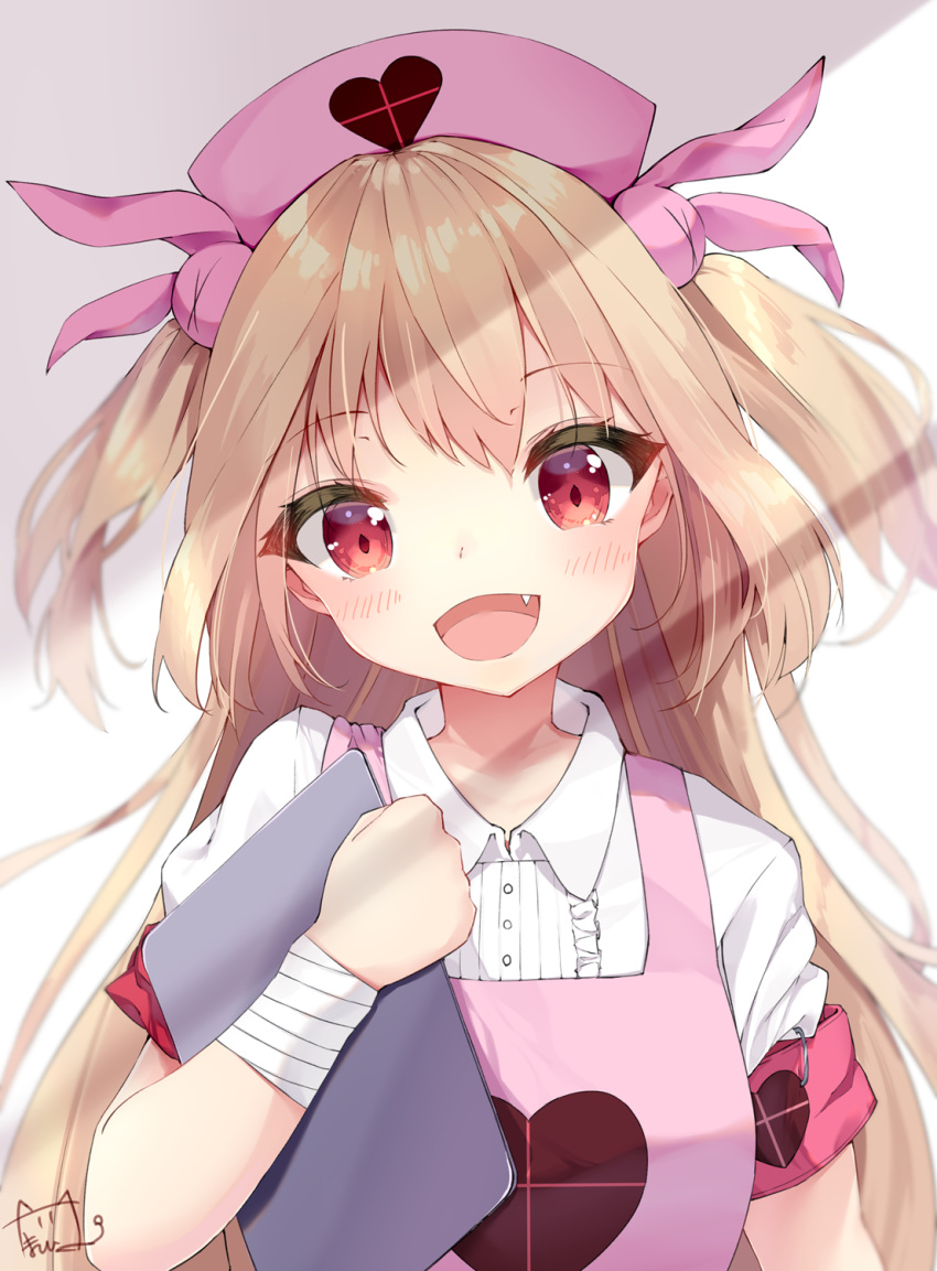 &gt;_&lt; 1girl :d apron armband bangs blush bunny_hair_ornament collared_shirt commentary_request eyebrows_visible_through_hair fang hair_ornament hamaru_(s5625t) hat head_tilt heart highres holding light_brown_hair long_hair natori_sana nurse_cap open_mouth pink_apron pink_headwear puffy_short_sleeves puffy_sleeves red_eyes safety_pin sana_channel shirt short_sleeves signature smile solo two_side_up upper_body very_long_hair virtual_youtuber white_shirt