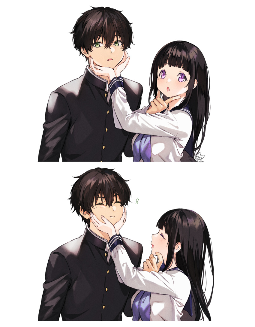 1boy 1girl bangs black_hair black_jacket blunt_bangs breasts buttons chitanda_eru closed_eyes commentary_request green_eyes hair_between_eyes hand_on_another's_face hand_up hands_on_another's_face hands_up highres hyouka jacket long_hair long_sleeves looking_at_viewer medium_breasts mery_(apfl0515) open_mouth oreki_houtarou purple_neckwear sailor_collar school_uniform shirt signature simple_background smile tareme tongue upper_body violet_eyes white_background white_shirt