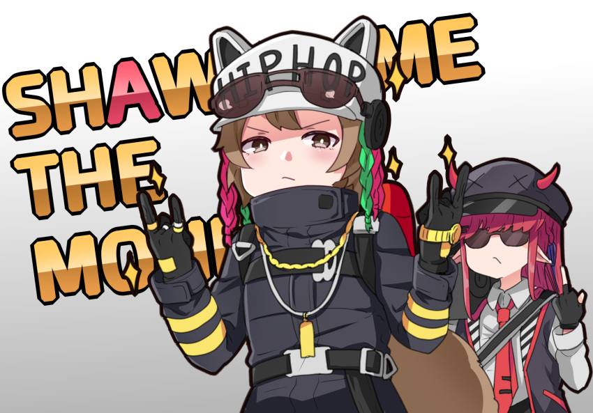 2girls arknights bangs black_gloves black_headwear black_jacket brown_eyes brown_hair cabbie_hat commentary eyewear_on_head fingerless_gloves gloves hat hayarob highres jacket jewelry long_hair long_sleeves middle_finger multicolored_hair multiple_girls necklace necktie open_clothes open_jacket pointy_ears red_neckwear redhead ring shaw_(arknights) short_hair sparkle squirrel_tail sunglasses tail upper_body vigna_(arknights) watch watch white_headwear