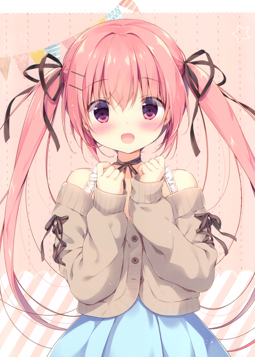 1girl :d absurdres bare_shoulders blue_skirt blush brown_jacket brown_ribbon choker hair_ornament hair_ribbon hairclip hands_up highres jacket long_hair long_sleeves looking_at_viewer miyasaka_miyu open_mouth original pennant pink_hair pleated_skirt red_eyes ribbon ribbon_choker sidelocks skirt sleeveless sleeves_past_wrists smile solo star string_of_flags twintails very_long_hair