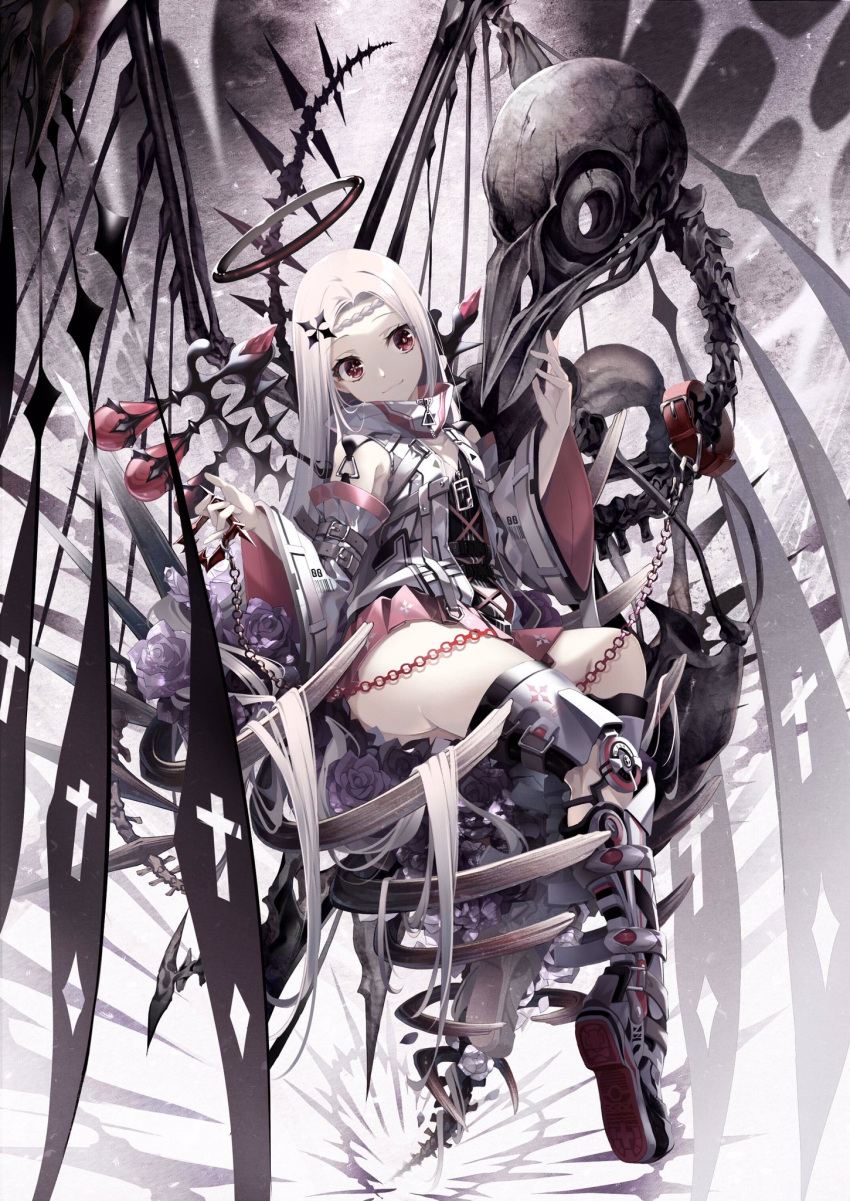 1girl :3 bare_shoulders black_legwear detached_sleeves full_body hair_ornament highres long_hair looking_to_the_side md230101 mechanical_halo original pleated_skirt red_eyes red_skirt shoes skirt sneakers solo tagme thigh-highs thighs white_hair wide_sleeves
