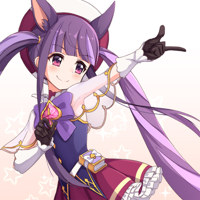 1girl ame. animal_ear_fluff animal_ears armpits black_gloves blue_shirt blush bow brown_background capelet closed_mouth commentary_request frilled_skirt frills gloves gradient gradient_background hat highres keyhole kirihara_kasumi long_hair pleated_skirt princess_connect! princess_connect!_re:dive purple_bow purple_hair red_eyes red_headwear red_skirt see-through shirt skirt smile solo spade_(shape) sparkle_background star starry_background twintails very_long_hair white_background
