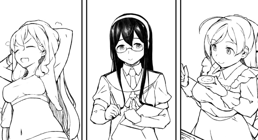 3girls ahoge akashi_(kantai_collection) clipboard closed_eyes commentary_request hair_ornament hair_ribbon hairclip kantai_collection kappougi lineart long_hair mamiya_(kantai_collection) monochrome multiple_girls nakaaki_masashi navel necktie ooyodo_(kantai_collection) quill ribbon sailor_collar saucer school_uniform serafuku smile split_theme sports_bra towel towel_on_head tress_ribbon upper_body