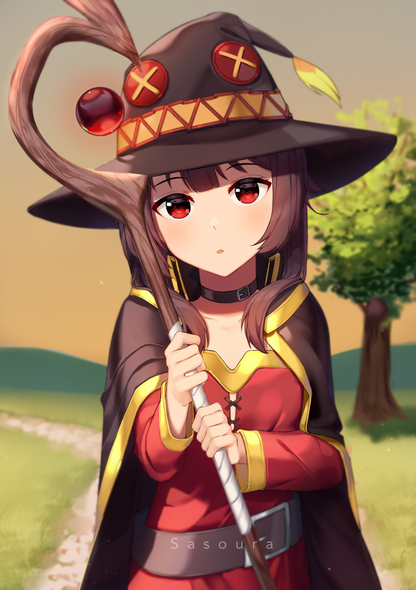 1girl absurdres artist_name bangs belt black_cape blurry blurry_background brown_hair button_eyes cape collar commentary dress english_commentary eyebrows_visible_through_hair hat highres holding holding_staff kono_subarashii_sekai_ni_shukufuku_wo! long_sleeves looking_at_viewer megumin no_gloves outdoors parted_lips red_dress red_eyes sasoura short_hair_with_long_locks solo staff tree upper_body witch_hat