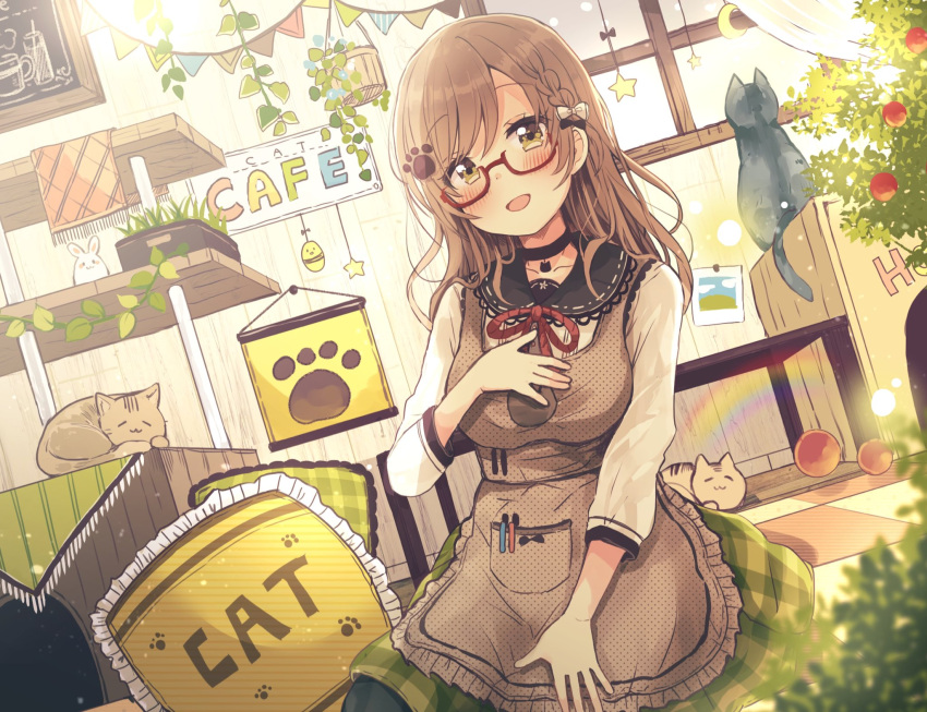 1girl :d animal apron black_bow black_cat black_choker blush bow braid breasts brown_apron brown_eyes brown_hair cat checkered checkered_floor choker collarbone collared_shirt commentary_request crescent frilled_pillow frills fringe_trim glasses green_skirt hair_bow hand_on_own_chest hand_up highres long_hair long_sleeves looking_at_viewer medium_breasts open_mouth original paw_hair_ornament pennant pillow plaid plaid_pillow plaid_skirt red-framed_eyewear red_ribbon ribbon sakura_oriko semi-rimless_eyewear shirt sitting skirt smile solo star string_of_flags table under-rim_eyewear white_bow white_shirt window